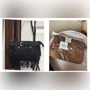 2 NEW faux suede tassel purses 9.5”x6.5” jeans style black & brown &purse charms